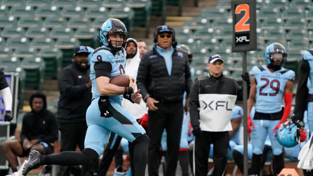 Feb 18, 2023; Arlington, TX, USA; Arlington Renegades quarterback Drew Plitt (9) scrambles for positive yardage against the Vegas Vipers during the second half at Choctaw Stadium. Mandatory Credit: Raymond Carlin III-USA TODAY Sports  